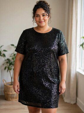 Dex Black Sequin Shift Dress Size 1X